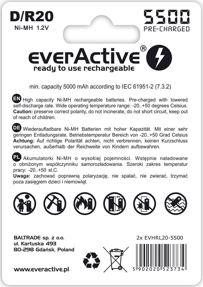 Zestaw akumulatorków everActive EVHRL20-5500 (5500mAh ; Ni-MH) - obrazek 2