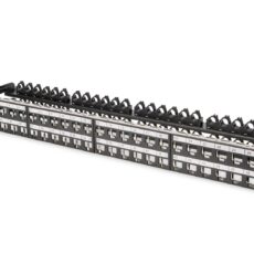 Panel krosowy high density 19" 48x keystone, ekranowany, 1U, czarny, prowadnica kabli,pola opisowe