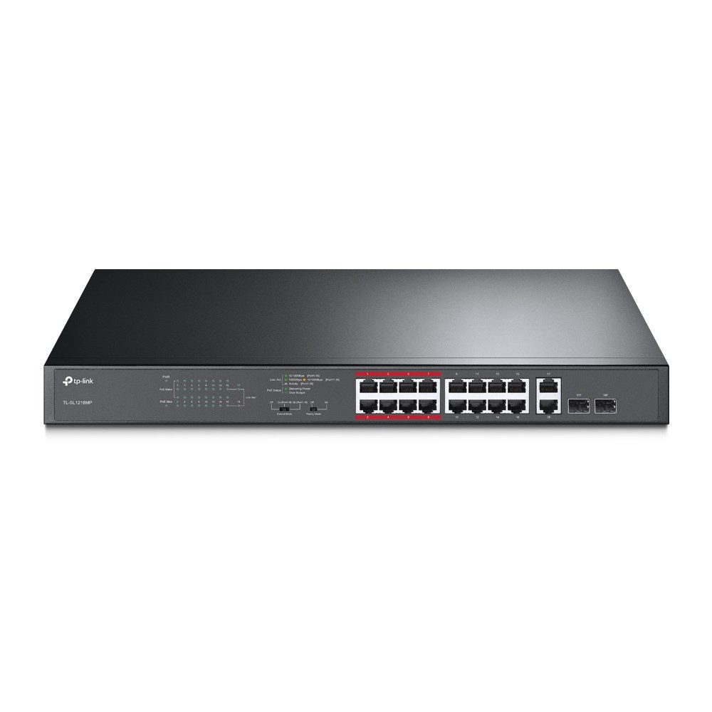 Switch PoE TP-LINK TL-SL1218MP (16x 10/100Mbps, 2x 10/100/1000Mbps) , Przełącznik niezarządzalny PoE, 16 portów 10/100 Mb/s, 2 porty gigabitowe , Duża łączna mocy zasilania PoE - do 30 W na każdym porcie PoE i 250 W dla wszystkich portów PoE*.