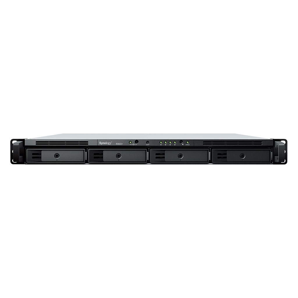 NAS Synology RS822+; 1U RACK; 4x (3.5" SATA HDD/2.5" SATA SSD); AMD Ryzen V1500B; 2 GB DDR4 ECC SODIMM (max. 32GB), 4x 1GbE RJ-45