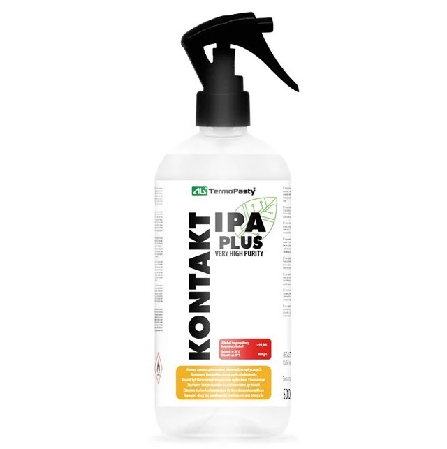 KONTAKT IPA PLUS. Wysokiej czystości alkohol izopropylowy. Usuwa wszelkie zanieczyszczenia z elementów optycznych. Nie pozostawia śladów i plam. Ma właściwości odtłuszczające. Plastikowa butelka 500 ml.
