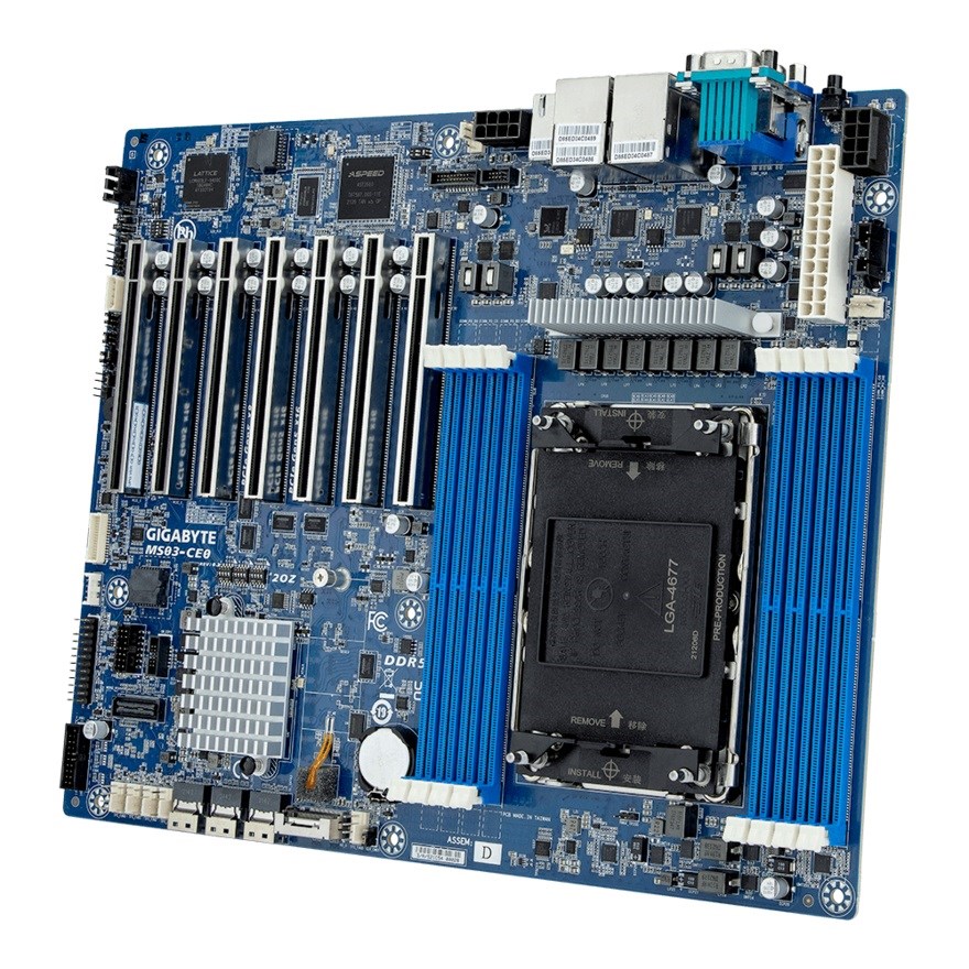 Płyta główna Gigabyte MS03-CE0 1x LGA4677 Intel Xeon Scalable 4/5gen C741 (8x DIMM, 3x SlimSAS (12x SATA), 1xM.2, 2x 1Gbe IPMI, ATX)
