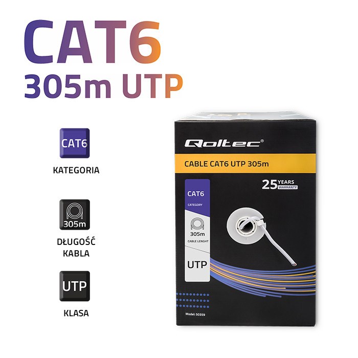 QOLTEC KABEL SIECIOWY SKRĘTKA UTP | CAT6 | 305M | PVC SZARY - obrazek 2