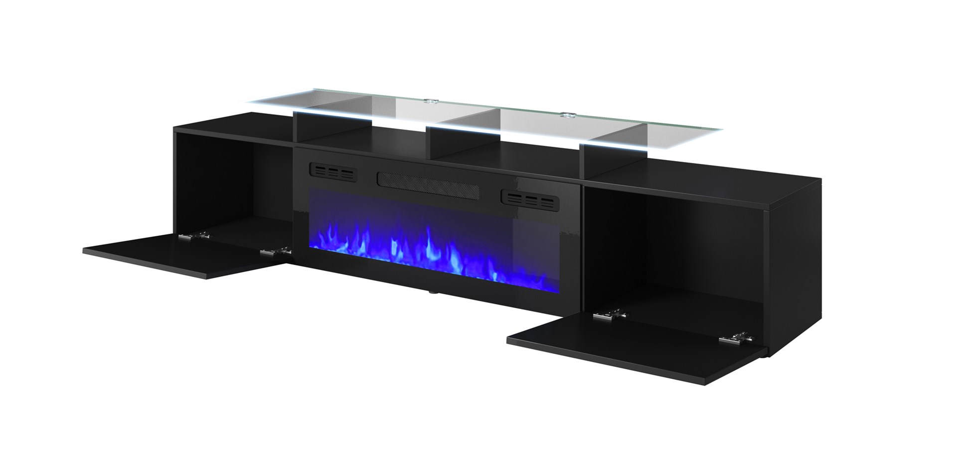 Szafka RTV ROVA z kominkiem elektrycznym 190x37x48 czarny/czarny połysk - obrazek 2