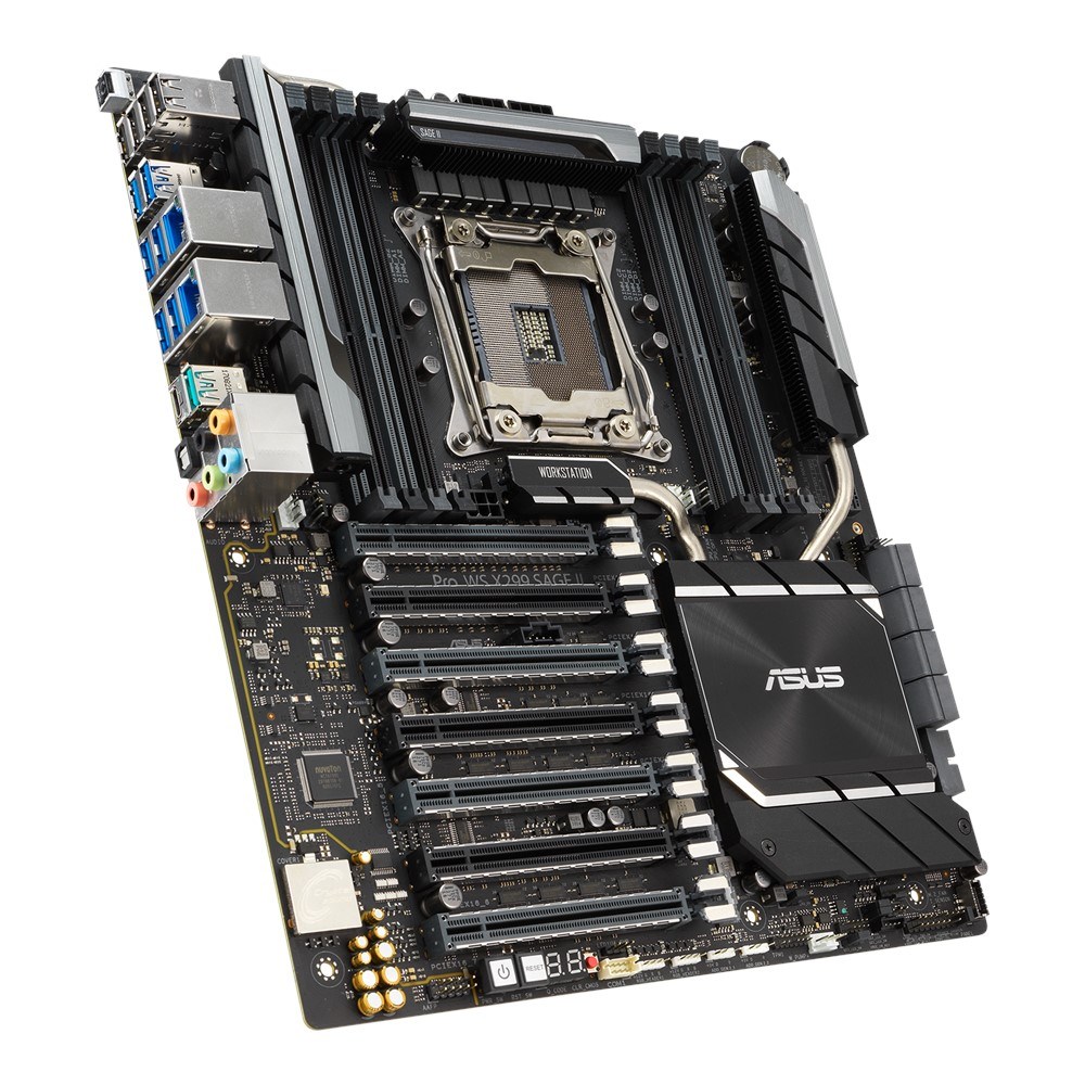 ASUS Pro WS X299 SAGE II, 1x Socket 2066 Core, Intel X299, 8x DIMM DDR4 4200(O.C.)/2933 Non-ECC, NVIDIA 4-Way SLI Technolog/ AMD 4-Way CrossFireX, 7 x PCIe 3.0x16, 2x M.2, 8x SATA, 3x U.2, Intel Rapid Storage Technology (Raid 0, 1, 5, 10), 2x 2.5Gb Intel