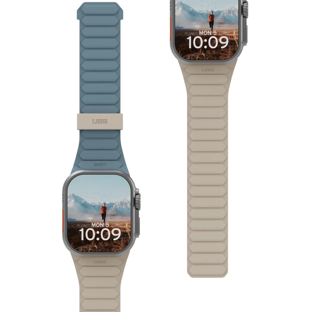 UAG Pathfinder - silikonowy dwustronny pasek magnetyczny do Apple Watch seria: 1-3, 42mm / series 4-6 & SE 1-2, 44mm / series 7-9, 45mm / series 10, 46mm / Ultra 1-2, 49mm (dune / cloud blue)
