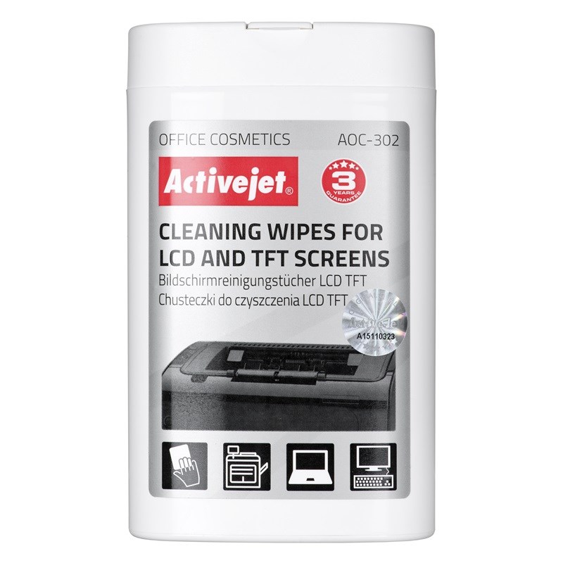 Activejet AOC-302 chusteczki do matryc LCD. (100 szt.) Nawilżane chusteczki do matryc, usuwające wszelkiego rodzaju zanieczyszczenia z wyświetlaczy ciekłokrystalicznych TFT w laptopach, smartfonach, palmtopach, monitorach LCD, itp.