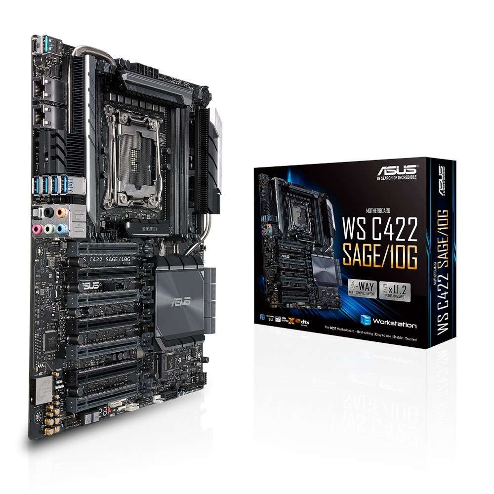 ASUS WS C422 SAGE/10G, Intel C422,  1x Intel Socket 2066, 8x DDR4 2666 RDIMM/LRDIMM, 7 x PCIe 3.0, VIDIA 4-Way SLI/AMD 4-Way CrossFireX, 1x M.2 Socket 3, 8x SATA, 2x U.2, 2 x 10Gb Intel X550-AT2, Realtek ALC S1220A 7.1, 6x USB 3.1 Gen 1, 3x USB 3.1 Gen 2,