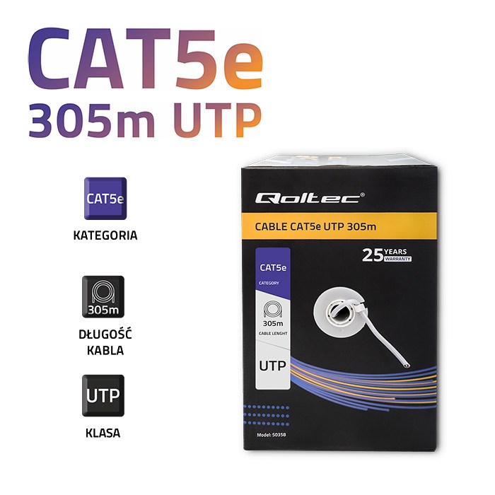 QOLTEC KABEL SIECIOWY SKRĘTKA UTP | CAT5E | 305M | PVC SZARY - obrazek 2