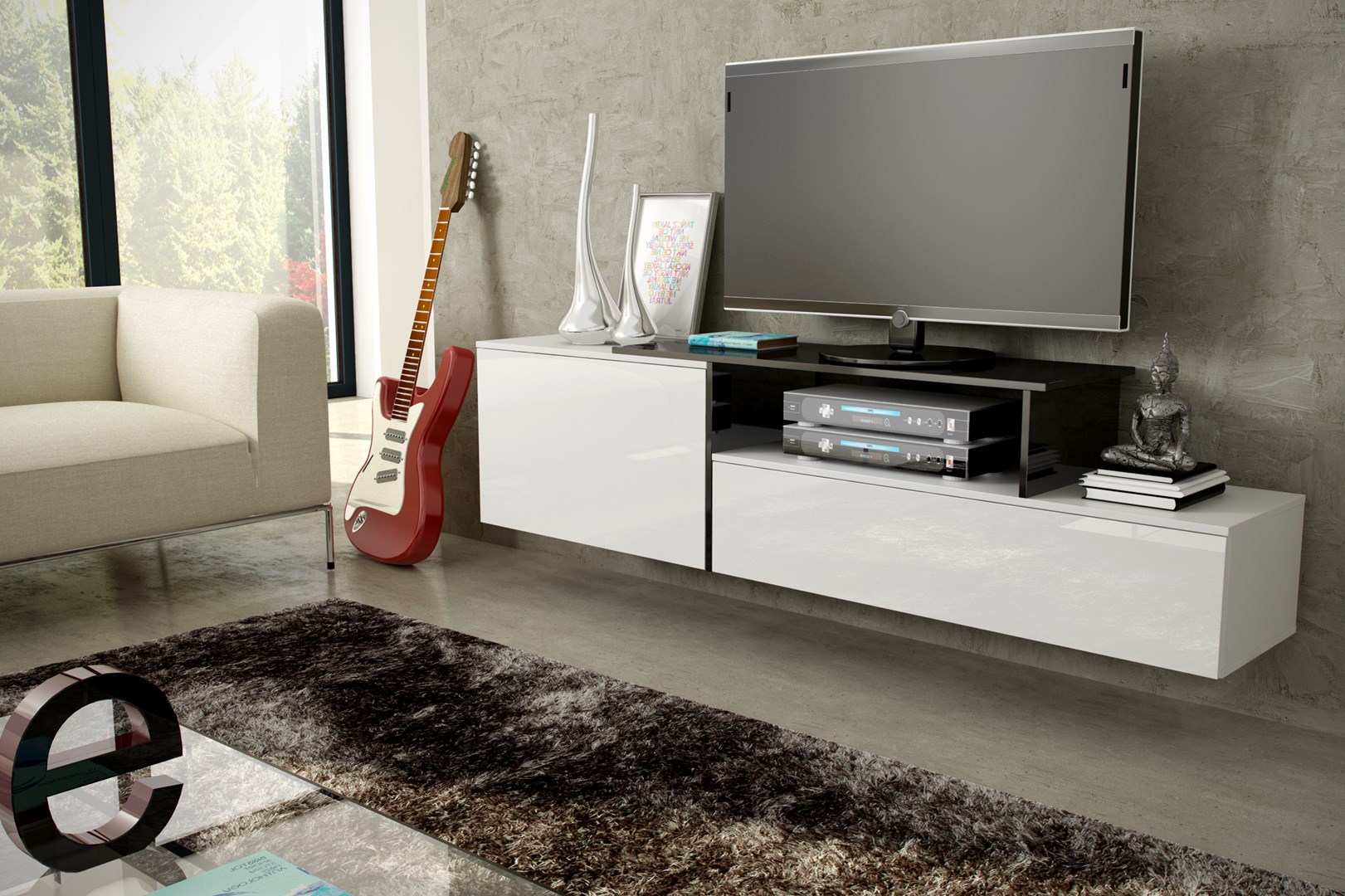 Szafka RTV SIGMA3 180 biały/biały połysk + czarny - obrazek 2