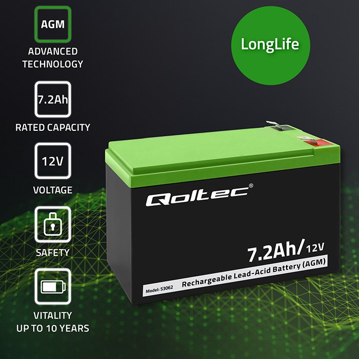 QOLTEC AKUMULATOR AGM 12V | 7.2AH | MAX 108A - obrazek 2