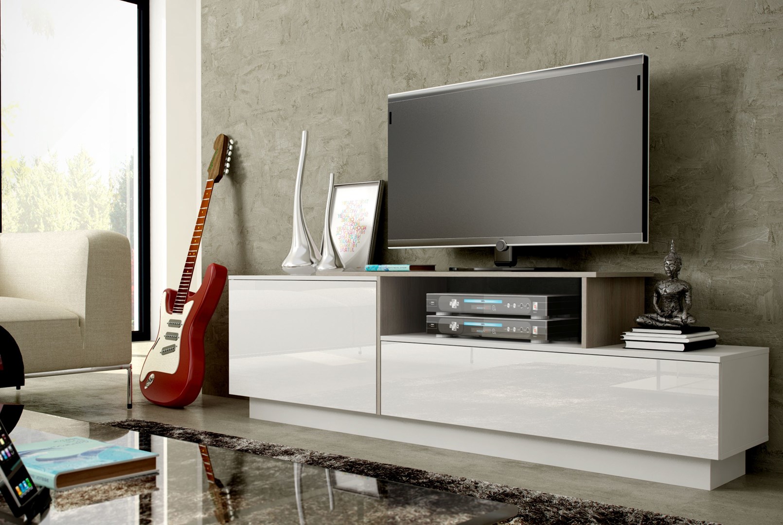 Szafka RTV SIGMA3 180 biały/biały połysk + sonoma - obrazek 2