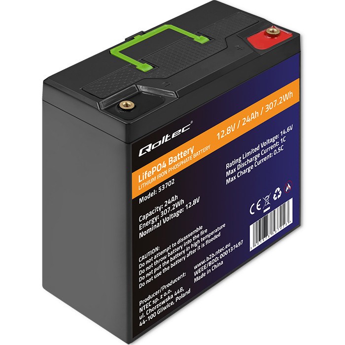 QOLTEC AKUMULATOR LIFEPO4 LITOWO-ŻELAZOWO-FOSFORANOWY | 12.8V | 24AH | 307.2WH | BMS