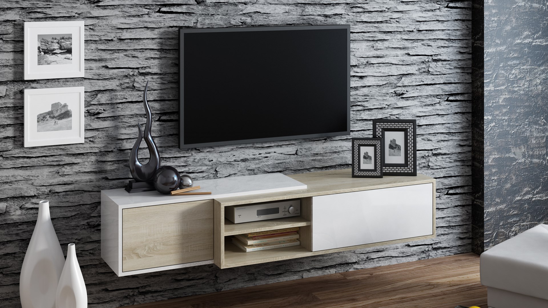 Szafka RTV SIGMA1 180 sonoma/biały połysk - obrazek 2
