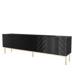 Szafka RTV ABETO na złotym stelażu ze stali 200x42x60 czarny/czarny połysk
