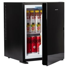 Bezszmerowy minibar termoelektryczny MPM-30-MBS-06/L z szklanym frontem czarny