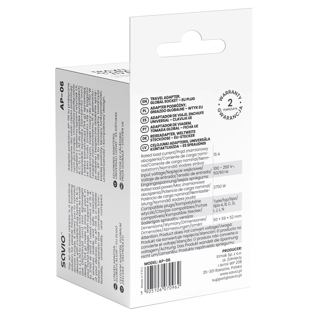 SAVIO ADAPTER PODRÓŻNY GNIAZDO GLOBALNE - WTYK EU AP-06